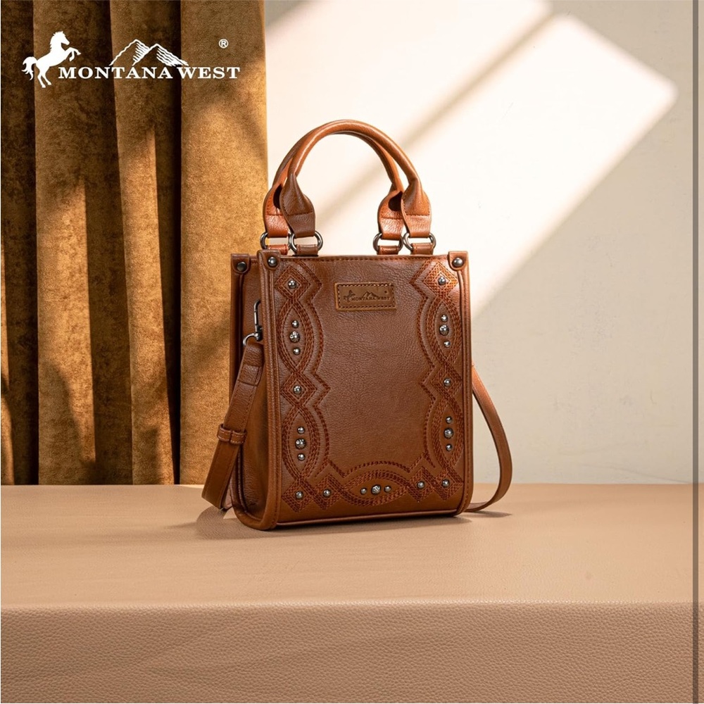 Western Brown Embroidered Crossbody Bag with rivet details - Picture 2 of 6